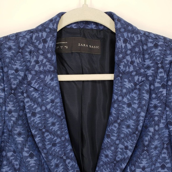 3/$25 Zara Jacquard Blazer Jacket XS Aztec Tribal One Button Cotton Blend Blue - Picture 6 of 13